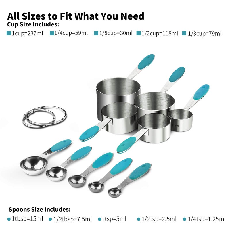 U-Taste Measuring Cups : U-Taste 18/8 Stainless Steel Measuring Cups and Spoons Set of 10 Piece, Upgraded Thickness Handle (Teal) - Image 2
